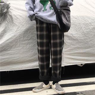 Plaid Straight-fit Pants Black - One Size