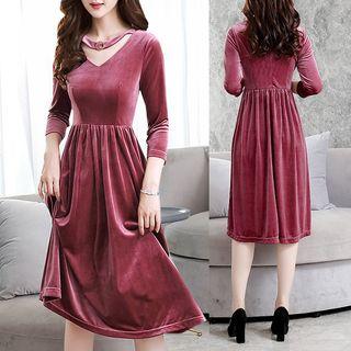 Long-sleeve Midi Velvet A-line Dress