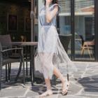 Set: Frill-sleeve Minidress + Sheer Lace Skirt
