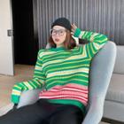Turtleneck Striped Sweater Striped - Green & Yellow & Pink - One Size