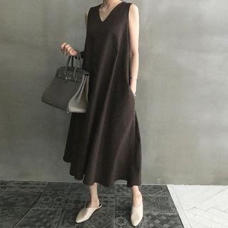 V-neck Sleeveless Linen Blend Long Dress