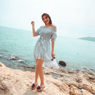 Off-shoulder Dotted Irregular A-line Dress