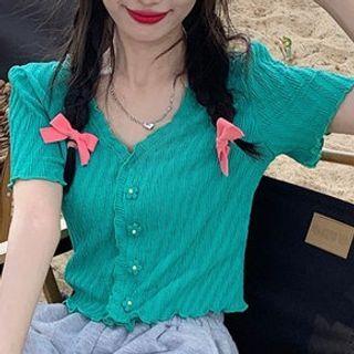 Short-sleeve V-neck Button-up Frill Trim Knit Top