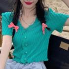 Short-sleeve V-neck Button-up Frill Trim Knit Top