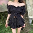 Short-sleeve Off Shoulder Frill Trim Crop Top / Tiered Mini Skirt