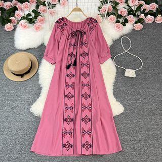 Short-sleeve Patterned Midi Shift Dress