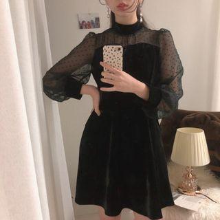 Lantern-sleeve Mock Two-piece Mesh Dress