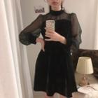 Lantern-sleeve Mock Two-piece Mesh Dress