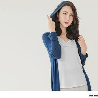 Beaded V-neck Mock Two Piece Hooded Top