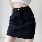 High-waist Frayed Pocket Detail Pencil Skirt