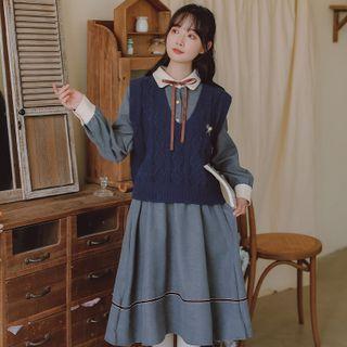 Set: Bow Midi A-line Shirtdress + Sweater Vest