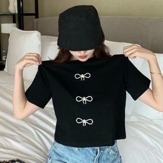 Rhinestone Ribbon Elbow-sleeve T-shirt