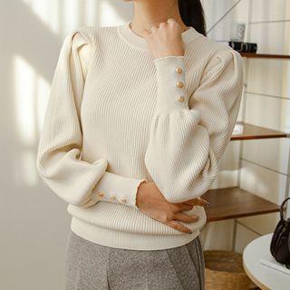 Puff-sleeve Buttoned-cuff Knit Top