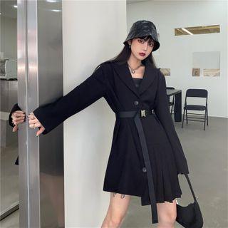 Set: Pleated Single-breasted Mini A-line Blazer Dress + Belt