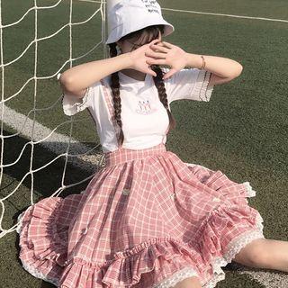 Set : Plaid Suspender Midi Skirt + Short-sleeve T-shirt