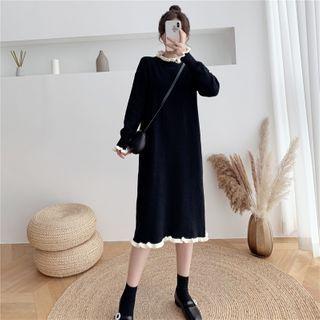 Long-sleeve Frill Trim Knit Midi Dress