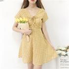 Short Sleeve Knot Front Check A-line Dress