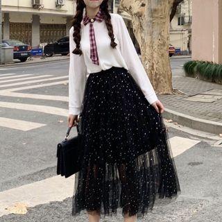 Sequined Mesh Midi Skirt/plain Shirt