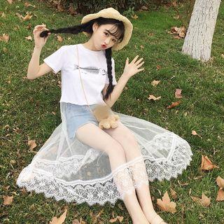 Mock-two Piece Cartoon Printed Lace T-shirt Dress
