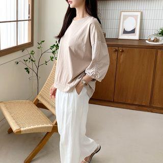 Shirred-sleeve Contrast-panel Top