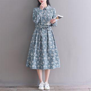 Floral Long-sleeve Midi A-line Shirt Dress