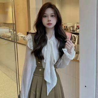 Puff-sleeve Lace Trim Blouse / Pleated Overall Dress