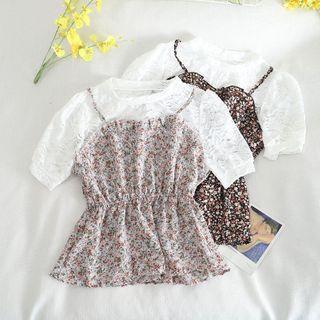 Mock Two-piece Short-sleeve Floral Print Lace Top