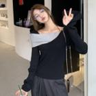 Long-sleeve Two-tone Slim-fit Top Black & Gray - One Size