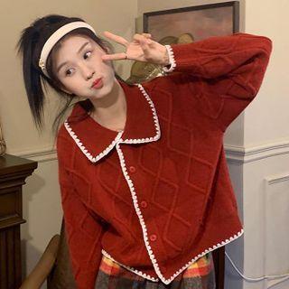 Peter Pan-collar Long-sleeve Contrast Trim Knit Cardigan