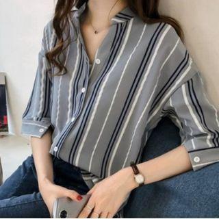 Elbow-sleeve V-neck Loose Fit Striped Blouse