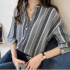 Elbow-sleeve V-neck Loose Fit Striped Blouse