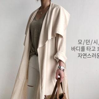 Funnel-neck Linen Blend Coat With Sash