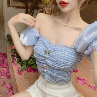 Puff-sleeve Lace Trim Blouse Blue - One Size