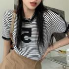 Short-sleeve Lettering Striped Knit T-shirt