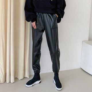 Napped Faux-leather Jogger Pants Black - One Size
