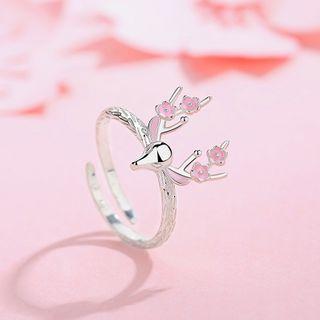 925 Sterling Silver Flower & Deer Open Ring Ring - Silver - One Size