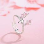 925 Sterling Silver Flower & Deer Open Ring Ring - Silver - One Size