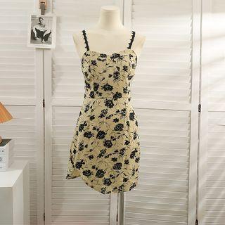 Asymmetrical Rose-print Sleeveless Mini Dress Almond - One Size