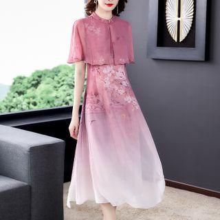 Floral Print Elbow-sleeve Gradient Maxi A-line Dress
