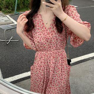 Medium Long-sleeve V-neck Floral Dress