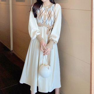 Long-sleeve Argyle Panel Sashed Midi A-line Dress