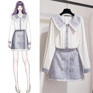 Set: Tweed Panel Pintuck Blouse + Double-breasted A-line Tweed Skirt