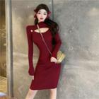 Long-sleeve Cutout Knit Bodycon Dress