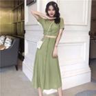 Set: Short-sleeve V-neck Top + Button-front Skirt