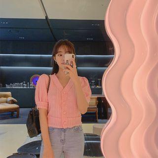 Puff-sleeve Cable Knit Cardigan Pink - One Size