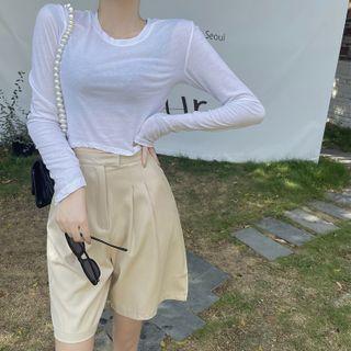 Long-sleeve Plain Sheer T-shirt / High-waist Plain Wide-leg Shorts