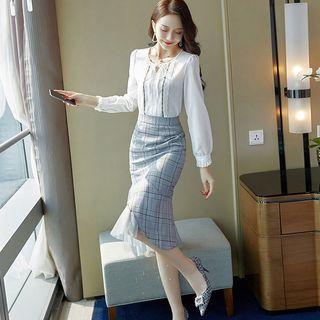Lace Trim Blouse / Mesh Panel Plaid Midi Pencil Skirt
