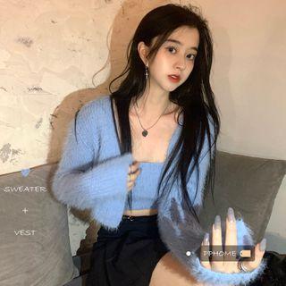 Set: Knit Camisole Top + Cardigan Set Of 2 - Blue Camisole Top & Cardigan - Blue - One Size