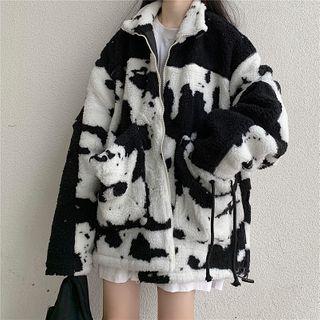 Cow Print Fleece Zipped Jacket As Shown In Figure - One Size