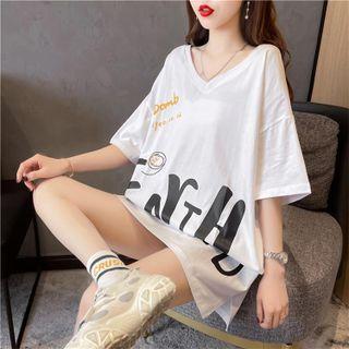 Elbow-sleeve Strappy Lettering T-shirt